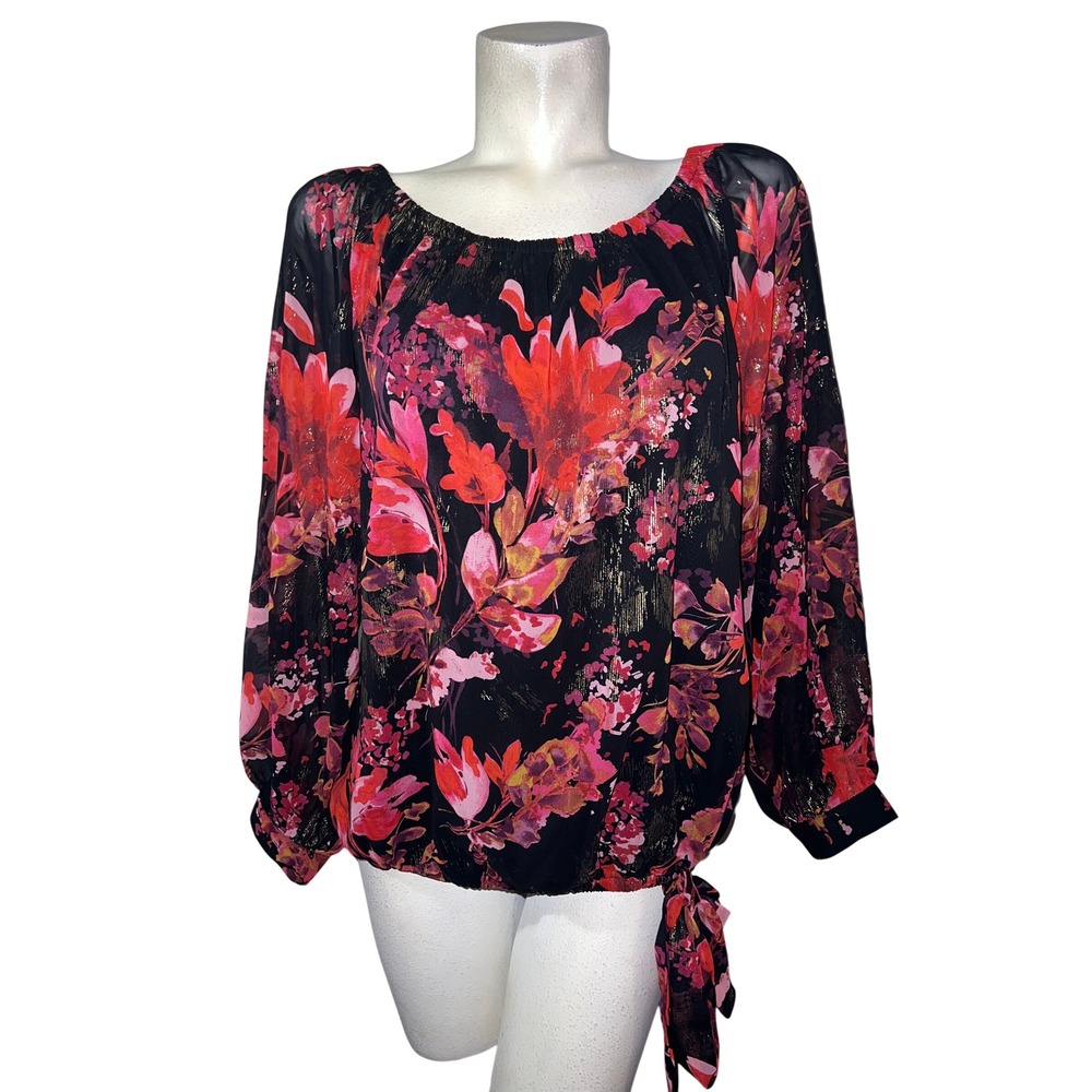 MSK Womens 1X Floral Chiffon Blouse Gold Metallic Side Tie Balloon Sleeve Black